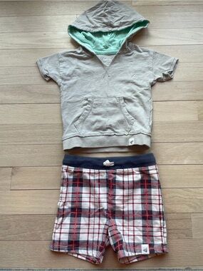 Burt's Bees Baby gray hoodie with plaid drawstring shorts